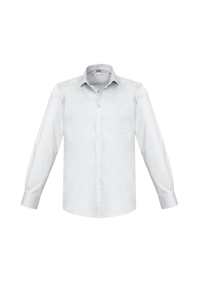 A white long sleeve button-up shirt with a collar and one chest pocket, featuring a logo.