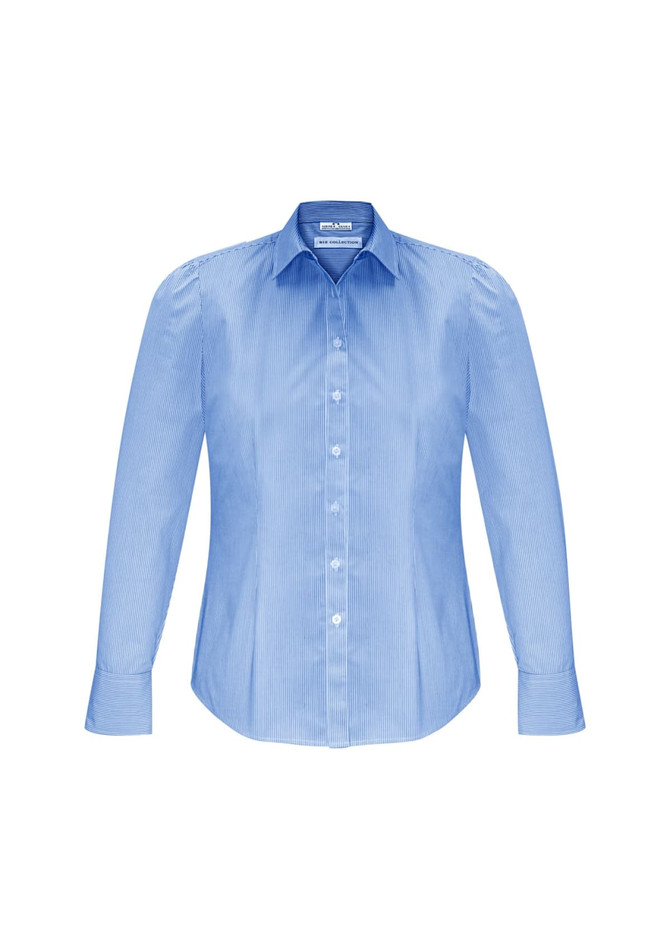 A blue long sleeve button-up shirt with a striped pattern and a collar. The shirt features a logo on the label.