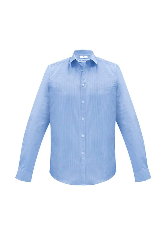 A light blue button-up long sleeve shirt with a collar and a logo.