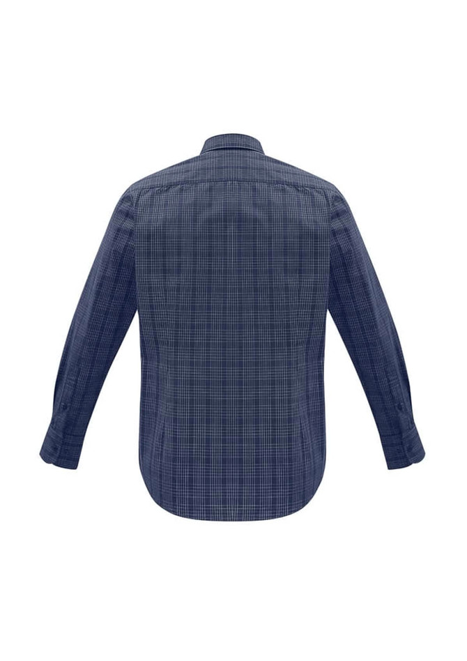 A navy check long sleeve shirt with a button-up design and a back view. It features a logo.