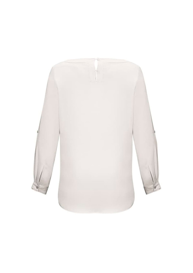 A white women's boatneck top with three-quarter sleeves and button details on the sleeves. It features a back closure and has a logo.