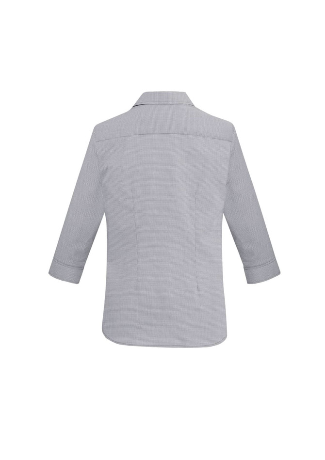 A grey women's Jagger 3/4 sleeve button-up shirt with a classic collar and back yoke. It features a logo.