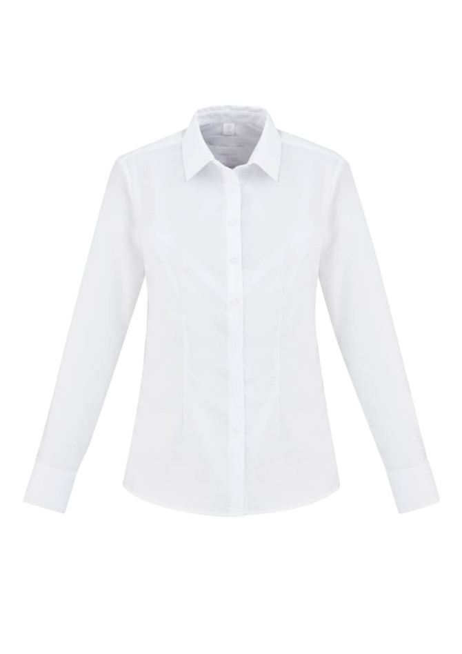 A white button-up shirt with a collar and long sleeves, featuring a fitted silhouette and a logo.
