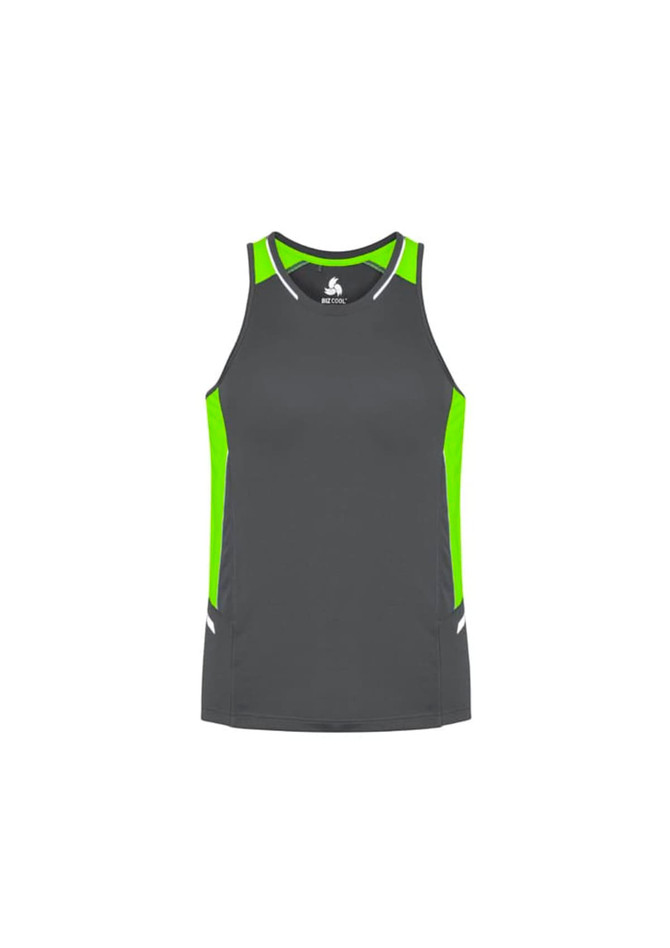 A men's singlet in grey with bright green accents and a logo on the chest. Suitable for sportswear.