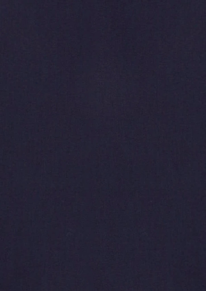 A dark navy button-up short sleeve shirt with a logo printed on it.