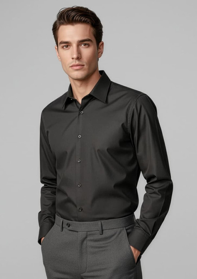 A black long sleeve button-up shirt on a model, featuring a classic collar and a fitted design.