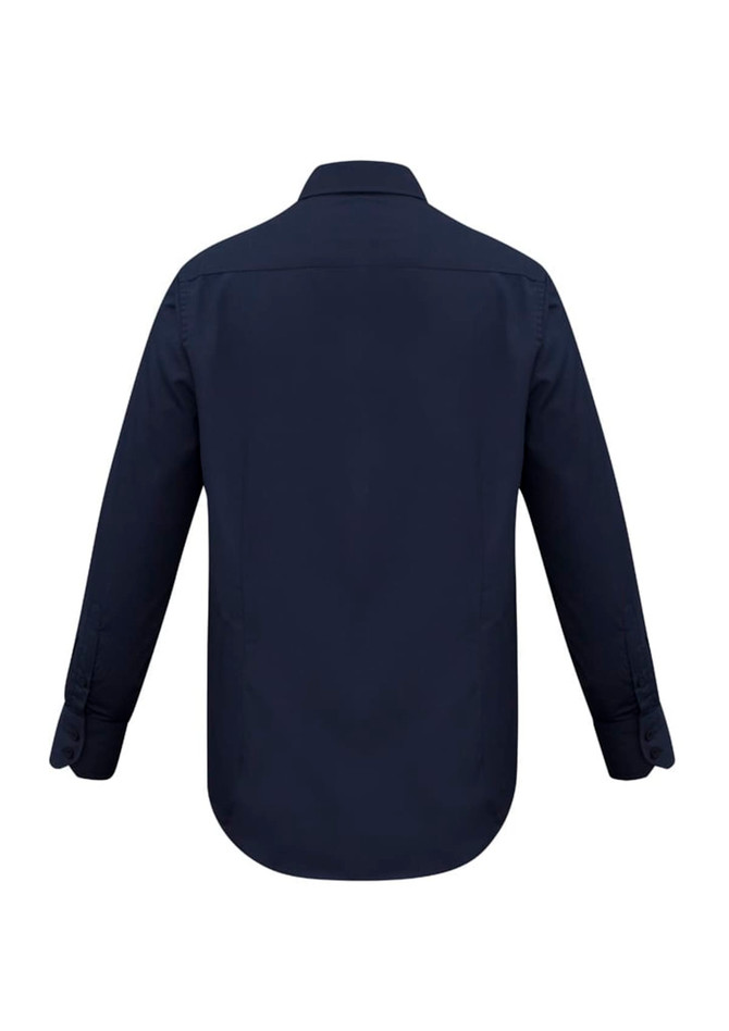 A navy long sleeve button-up shirt with a standard collar and a logo on the back.