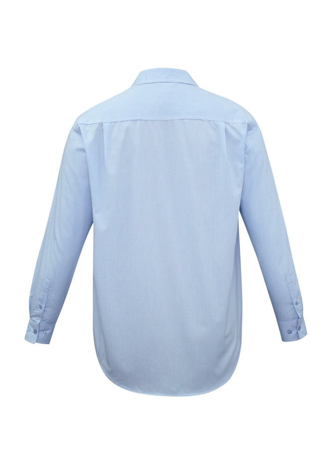 A light blue long sleeve button-up shirt with a micro check pattern and a logo on the back.