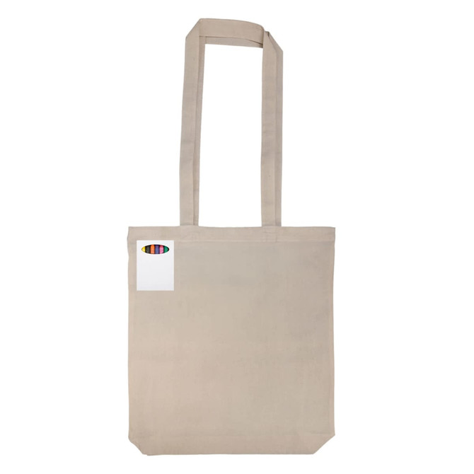 A beige reusable grocery bag with long handles and a logo on one side. Crayons are included in the product.