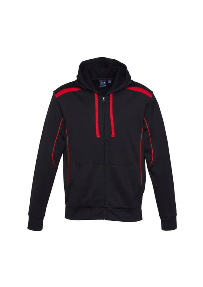 A black hoodie with red accents and a drawstring hood, featuring a zip front and pockets.