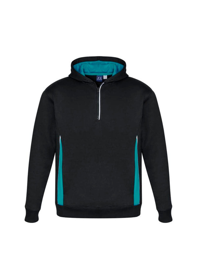 A black hoodie with teal accents and a zip neck, featuring a logo on the front.
