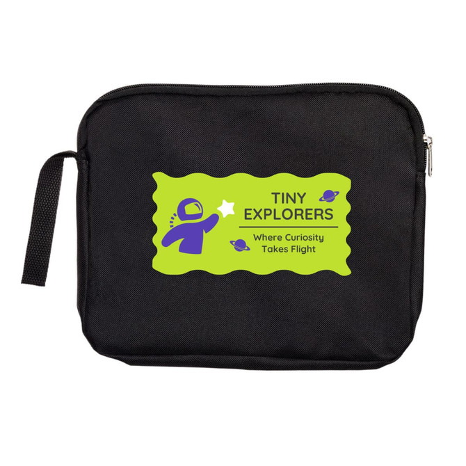 A black utility pouch featuring a colorful logo with green and purple accents, including a zipper and a handle.
