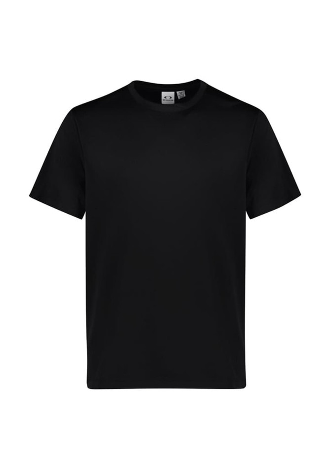A black short sleeve tee featuring a simple design and a logo on the label. Suitable for kids.