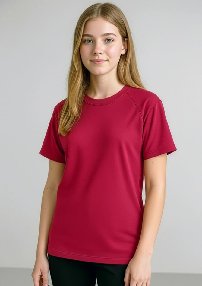 A red short sleeve tee featuring a simple design and a small logo on the front.