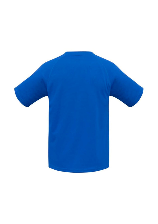 A blue short sleeve tee with a raglan style and a plain back. Features a logo.