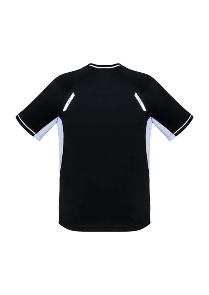 A black short sleeve tee for kids with light blue accents and reflective details. Features a logo on the back.