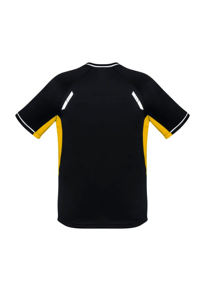 A black and yellow short sleeve tee with reflective accents and a logo.