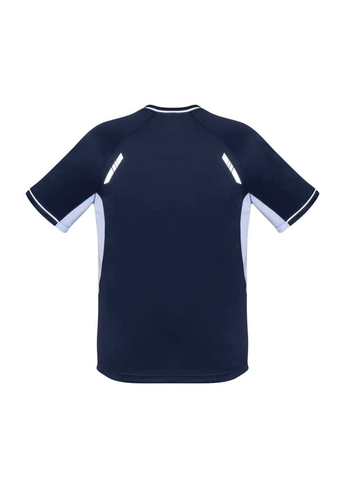 A dark navy short sleeve tee with light blue accents and reflective detailing on the shoulders. It features a logo.