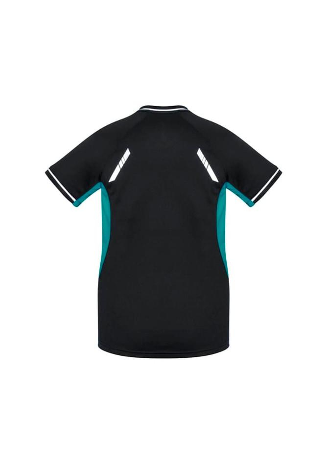 A black women's short sleeve tee with turquoise side panels and a logo.