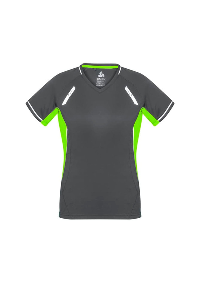 A women's short sleeve tee featuring a grey body with bright green accents and reflective stripes. It has a logo.