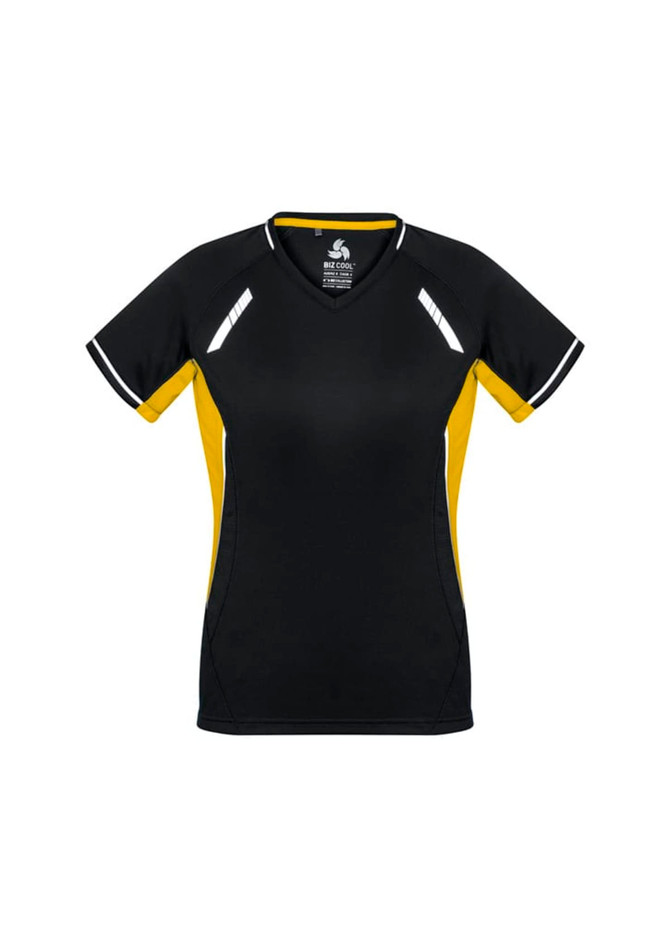 A black and yellow women's short sleeve tee with contrasting side panels and reflective detailing. It features a logo.