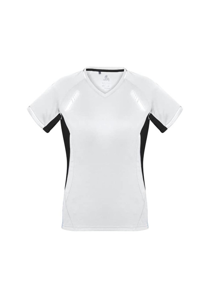 A short sleeve women's tee in white with black sides, featuring a logo on the chest.