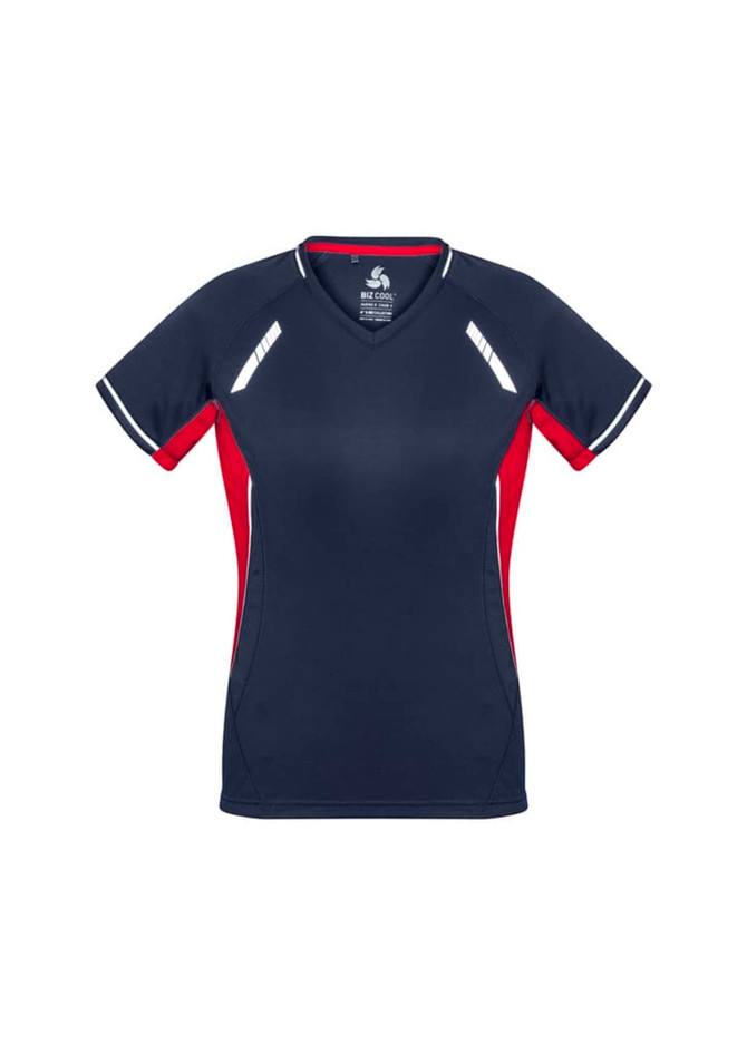 A navy and red women's short sleeve tee featuring a V-neck and reflective details, with a logo on the collar.