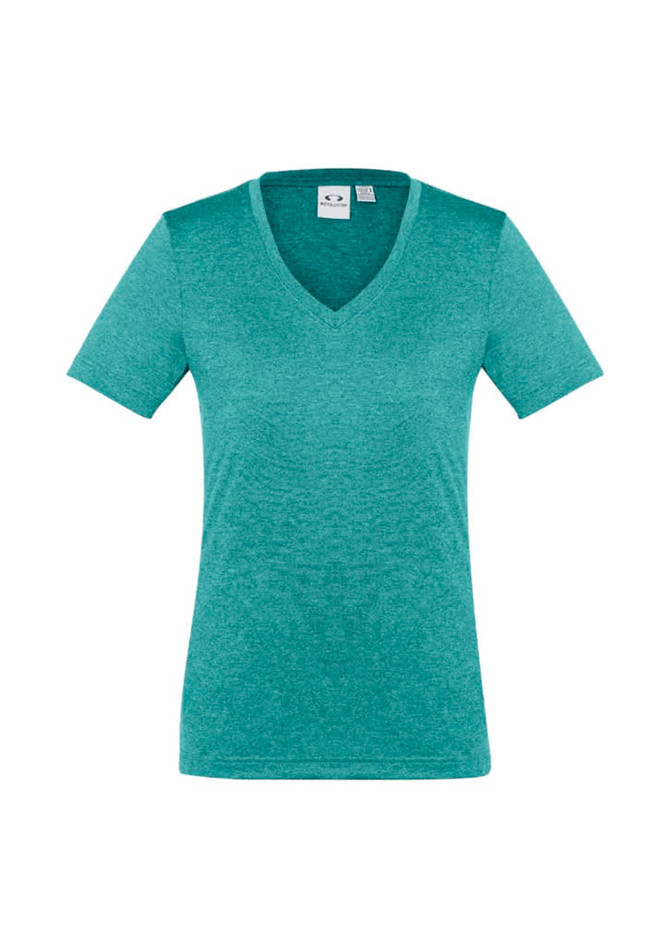 A teal women's short sleeve tee with a V-neckline and a logo on the label.