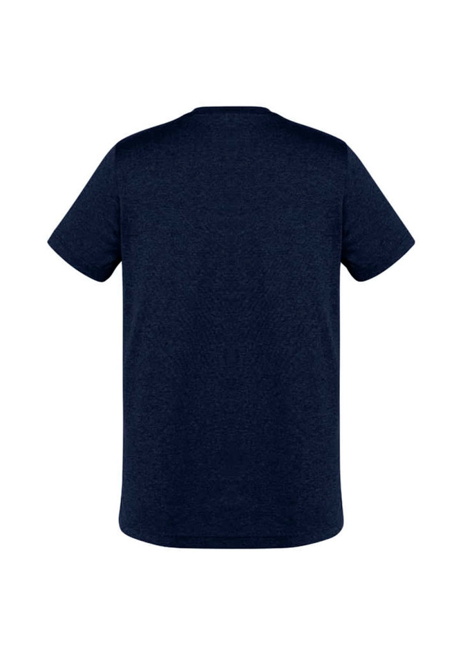 A navy blue short sleeve tee with a simple design and a logo on the back.