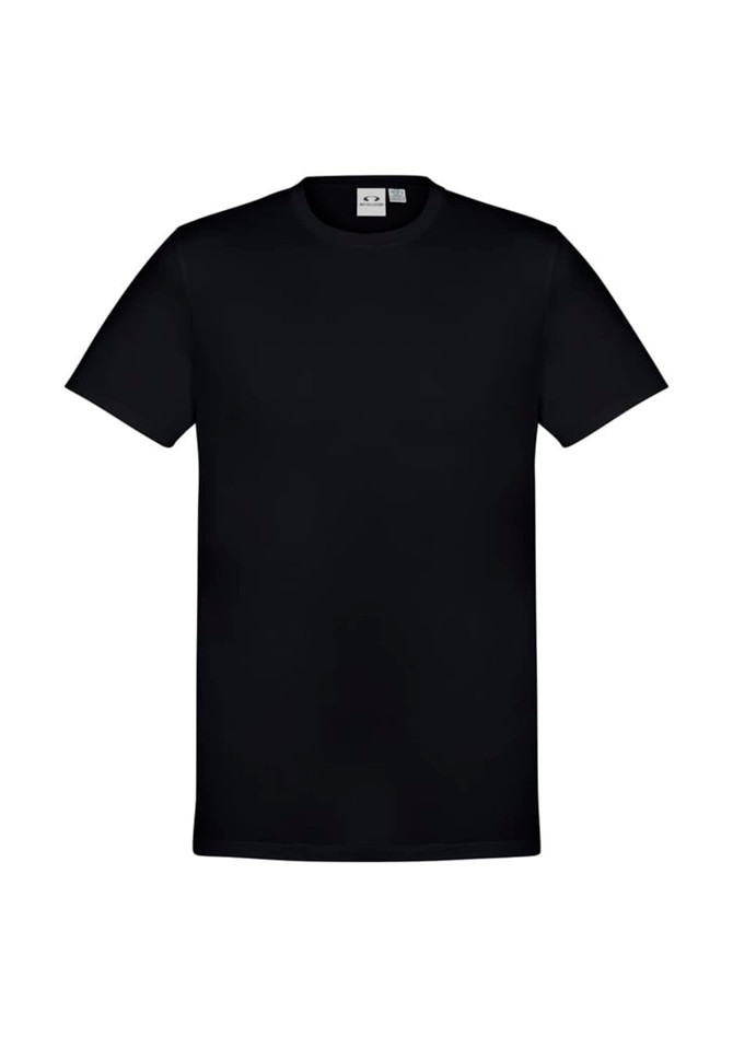 Black men's short sleeve tee with a crew neck and a logo on the label. Simple and classic design.