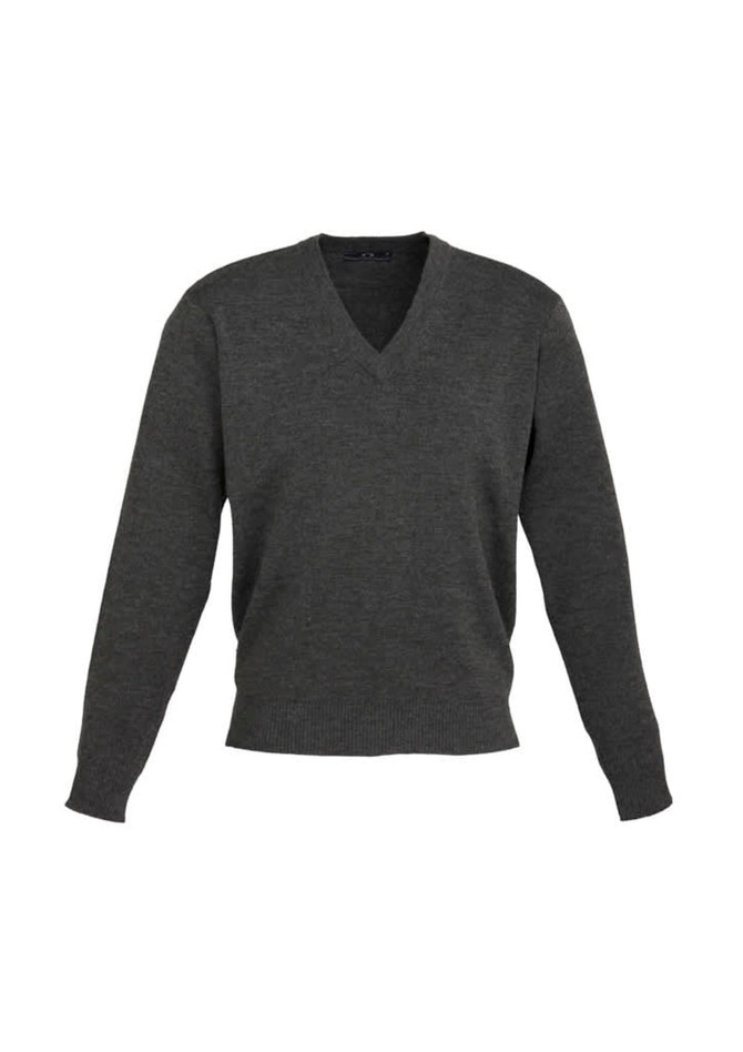 A dark grey men's woolmix knit pullover with a V-neck and long sleeves. It features a logo on the garment.