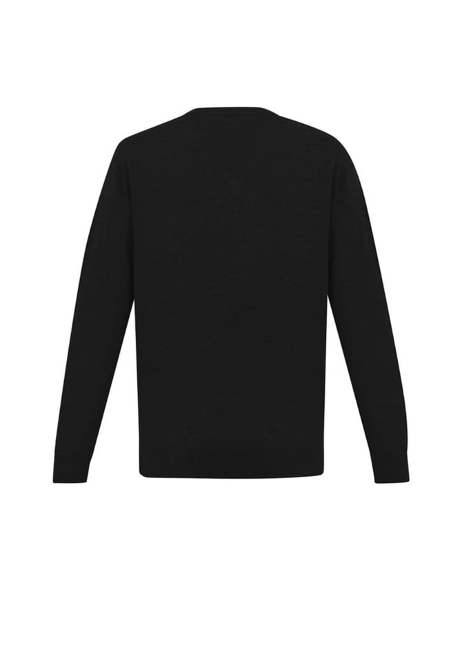 A black knitted jumper with long sleeves and a simple design, featuring a rear view. It has a branding logo.