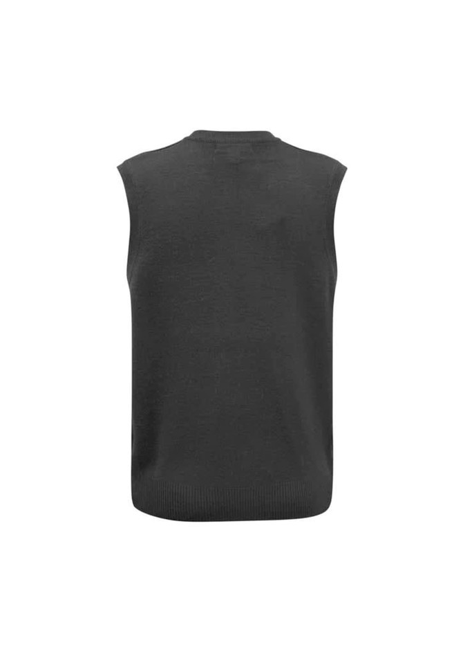 A sleeveless woolmix knit vest in dark grey with a plain back and ribbed hem. It features a branding logo as well.