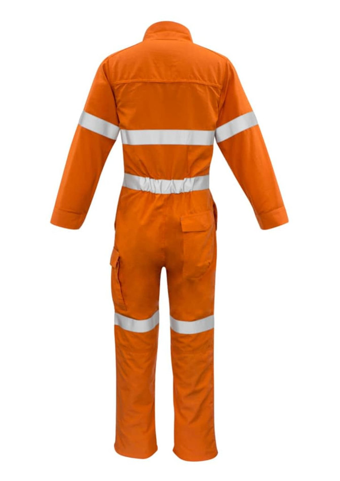 An orange overall with reflective hoop tape, featuring long sleeves and pockets, designed for workwear. It has a logo.