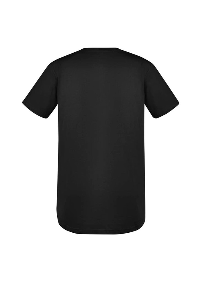A black men's t-shirt featuring short sleeves and a rounded hem. It has a brand logo on the back.