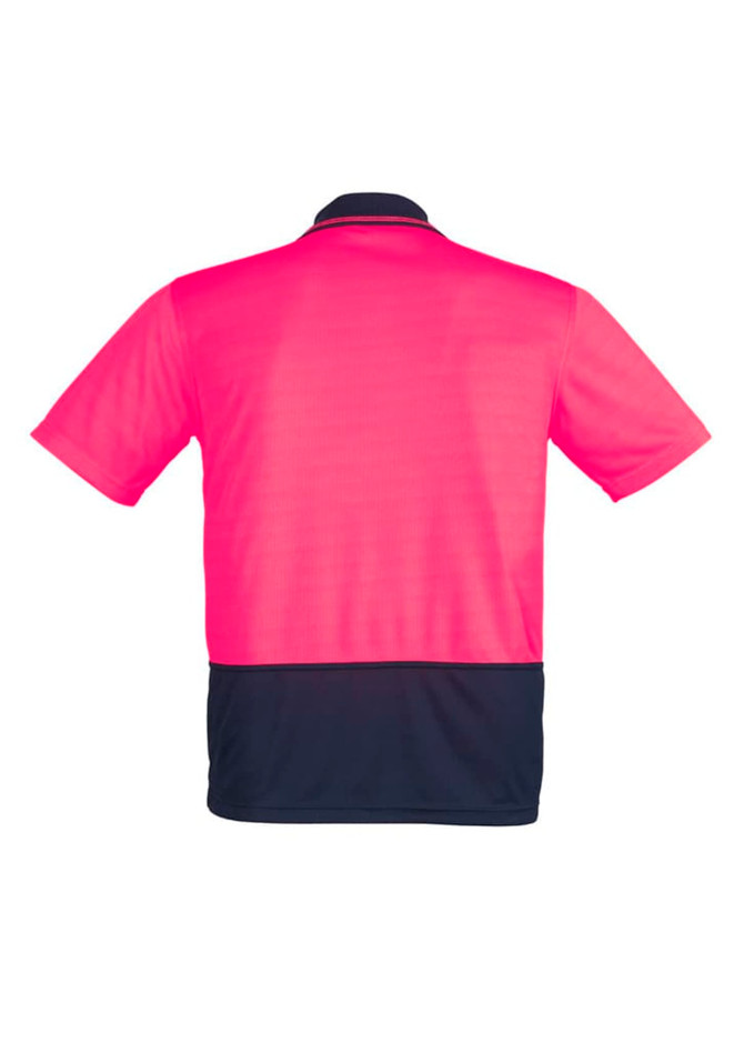 A bright pink and navy unisex short sleeve polo shirt with a logo on the back.