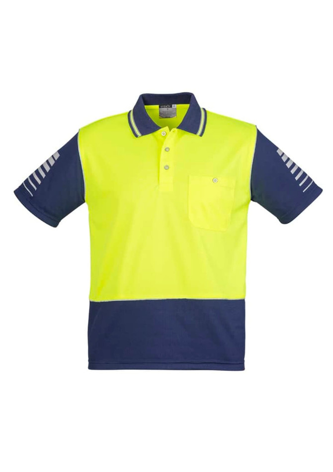 A high-visibility short sleeve polo shirt in yellow and navy blue, featuring a pocket and a logo on the chest.