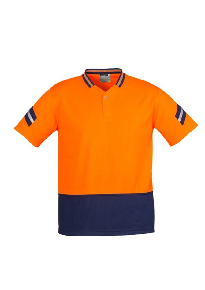 A short sleeve polo shirt in high visibility orange with navy accents and reflective stripes. Features a collar and a logo.