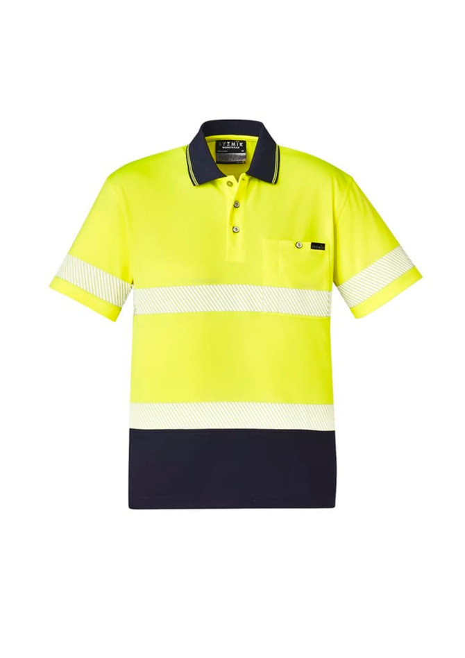 A bright yellow and navy short sleeve polo shirt with segmented reflective tape and a chest pocket, featuring a logo.