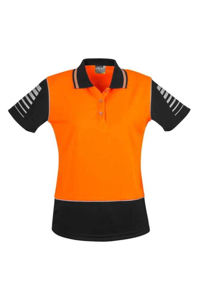 Hi-vis short sleeve polo shirt in bright orange and black, featuring a logo and striped design on the sleeves.