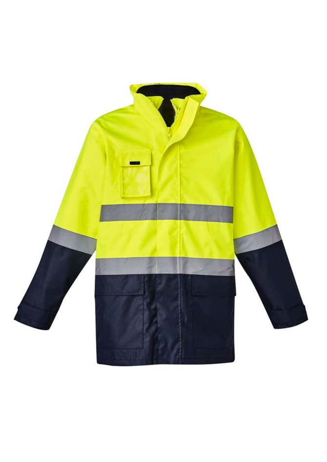 A hi-vis yellow and navy waterproof jacket with reflective stripes, featuring a pocket on the upper left side.