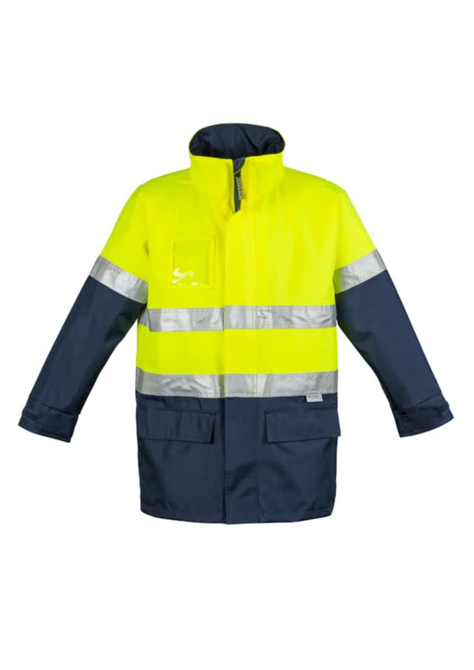 A hi-vis waterproof lightweight jacket in bright yellow and navy, featuring reflective stripes and a logo.