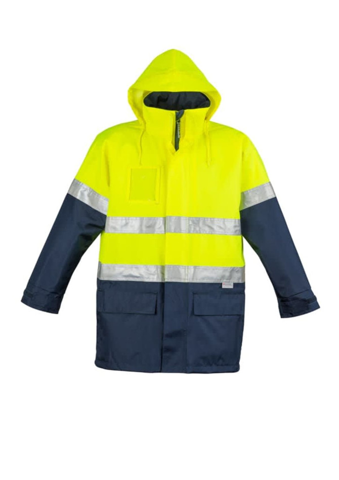 A waterproof lightweight jacket with a bright yellow upper, navy lower, reflective stripes, and a hood. It features pockets and a logo.