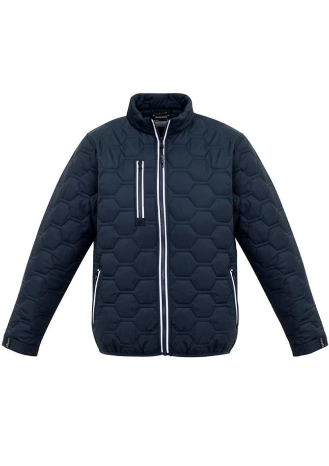 A unisex hexagonal puffer jacket in dark navy, featuring a zipped pocket and a logo on the front.