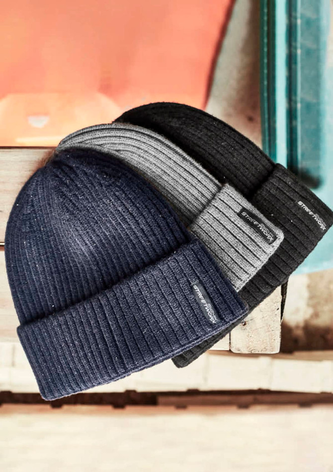 A collection of three Unisex Streetworx beanies in navy, grey, and black, featuring a logo on the band.