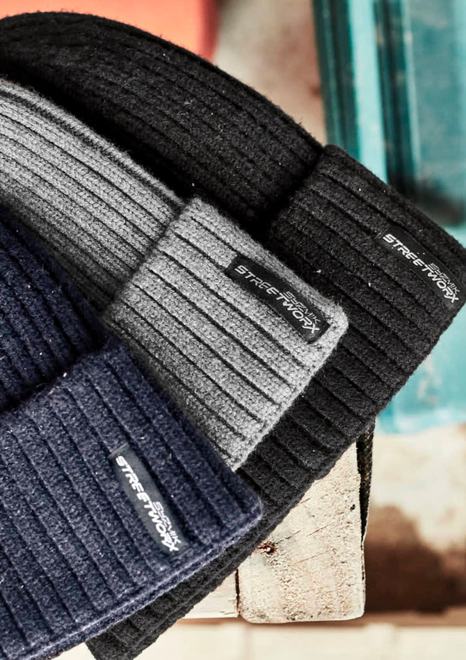 Three Unisex Streetworx Beanies in navy, grey, and black, featuring a logo on the band.