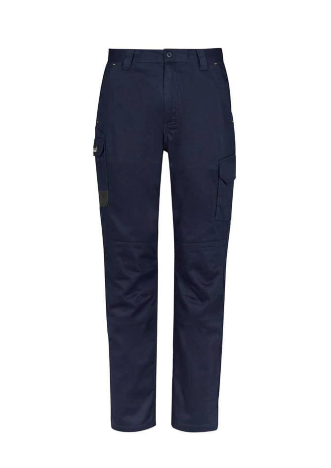 Navy men's cargo pants featuring multiple pockets and a logo, designed for comfort and practicality.