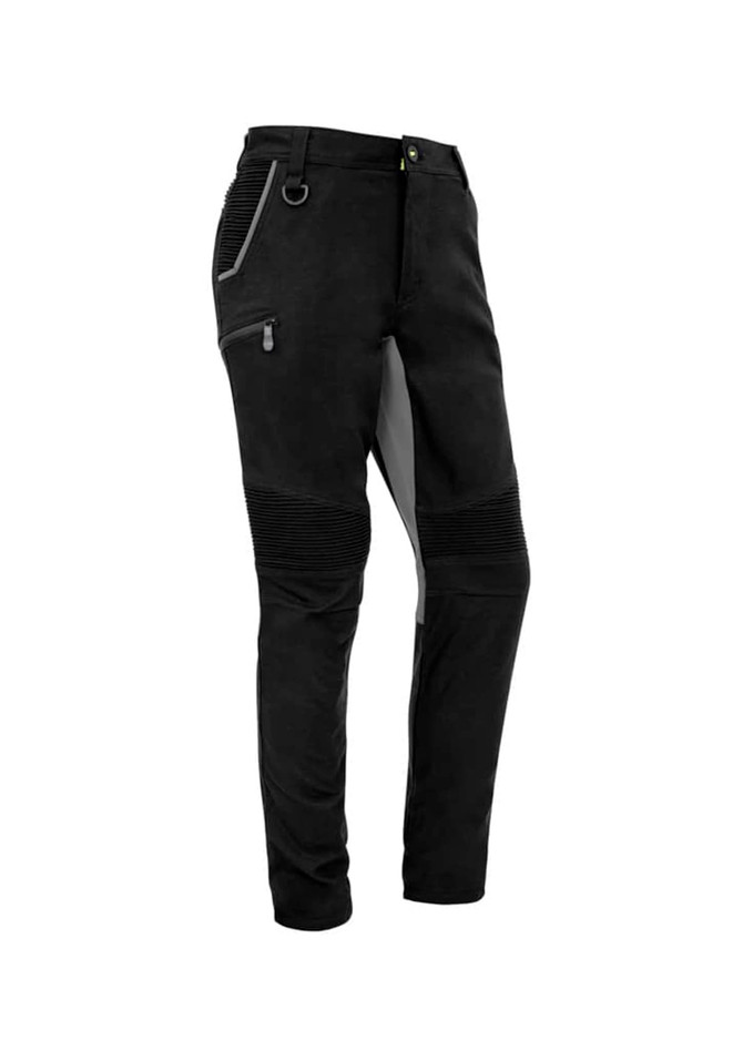 A pair of black stretch work pants featuring a zip pocket and textured panels, with a logo on the fabric.