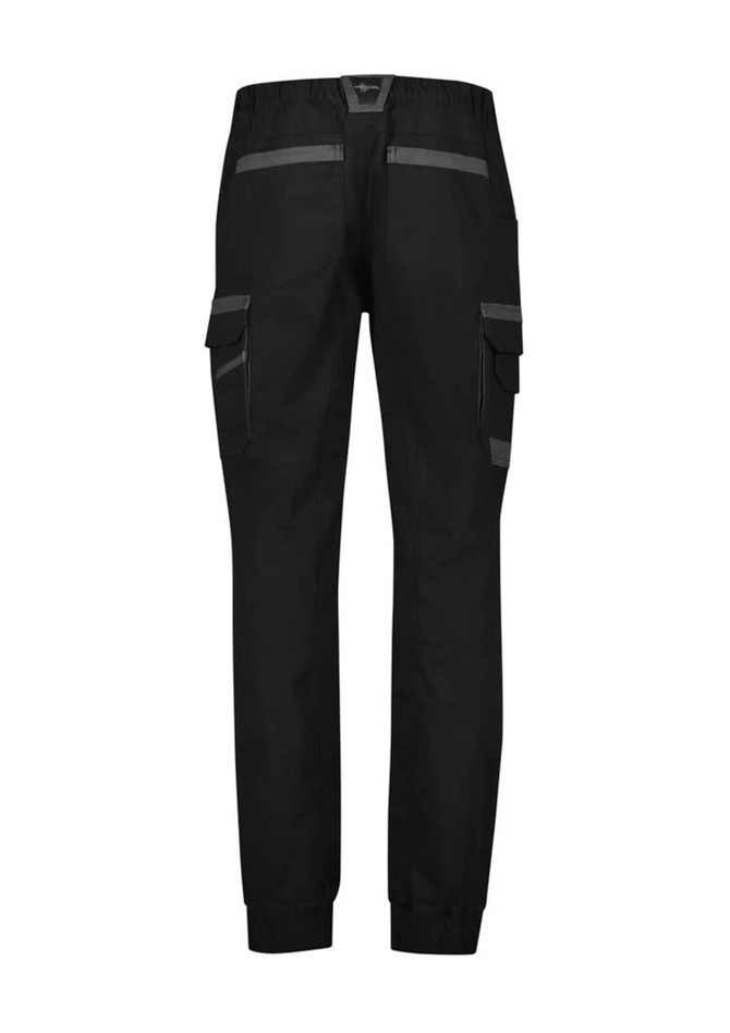 Black cuffed work pants featuring multiple pockets and reflective detailing. Includes a logo.