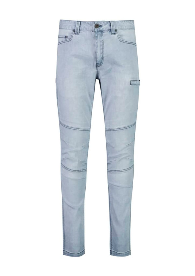 A pair of light blue stretch jeans with a slim fit and cargo pocket detail, featuring a waistband and stitching.